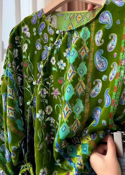 Green Print Tie Waist Silk Velour Tops Three Quarter Sleeve