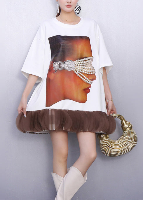 White Nail Bead Patchwork Cotton Mini Dress Summer