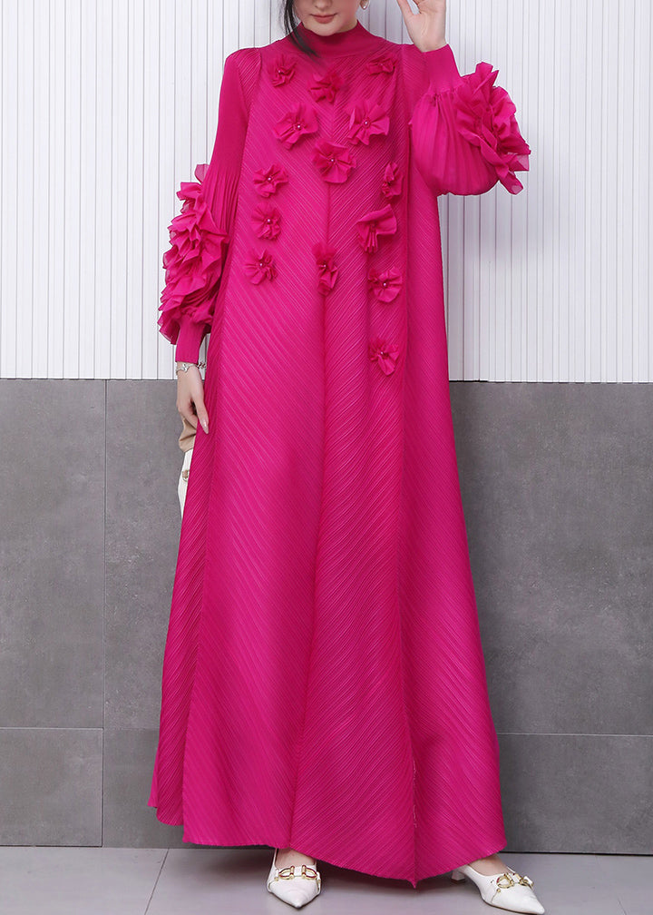 Rose Stand Collar Decorated Chiffon Long Dresses Fall