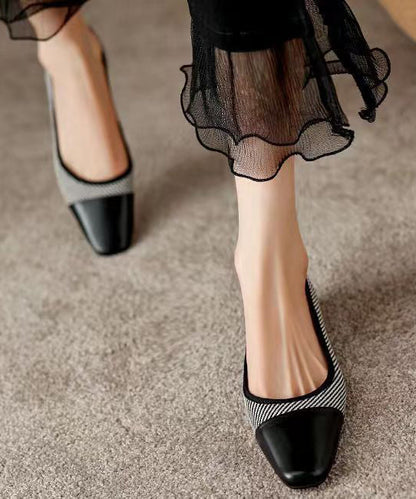 Black Chunky Heel Cowhide Leather Soft Splicing