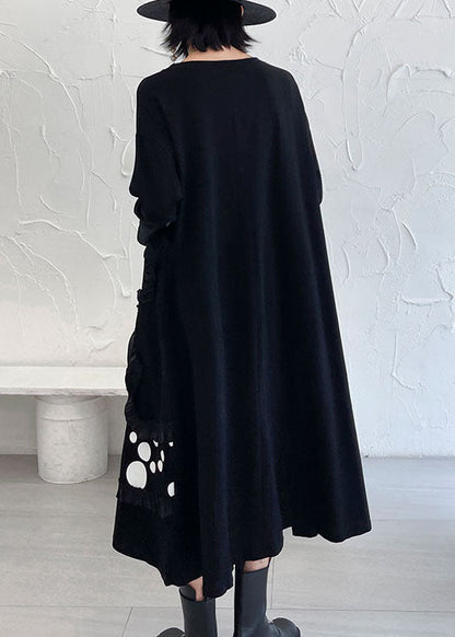 Italian Black Ruffled Patchwork Print Fall Ankle Dress Long Sleeve