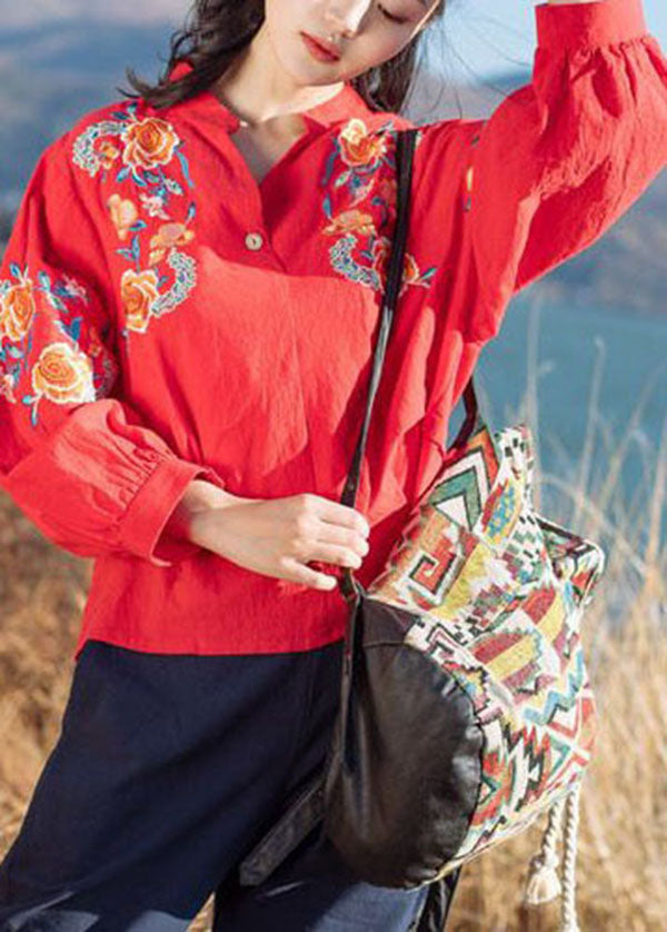 Red V Neck Embroideried Cotton Shirt Tops Half Sleeve