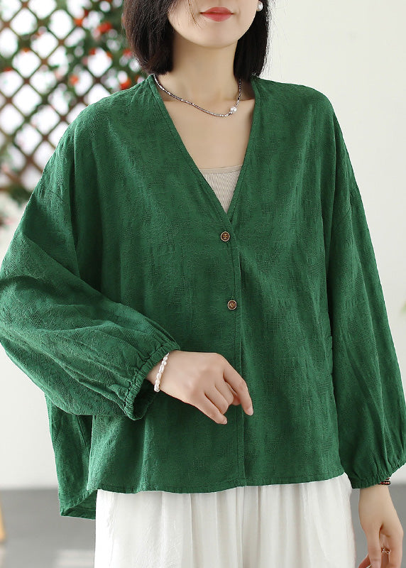 Green V Neck Button Coat Long Sleeve