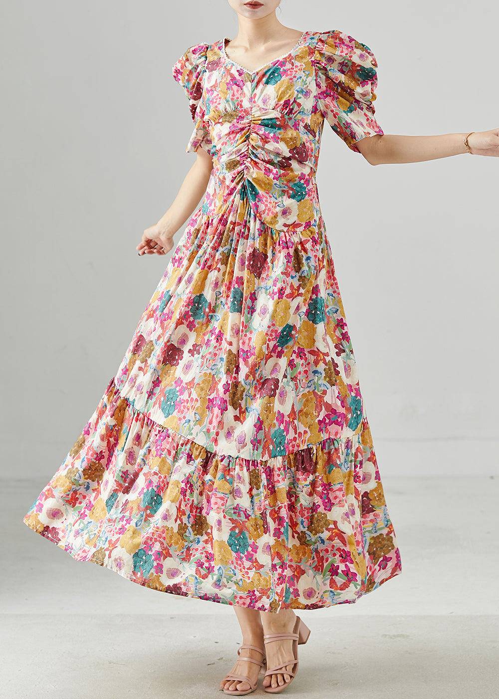Puff Sleeve Print Cotton Maxi Dresses Summer