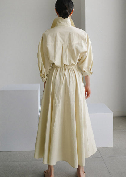 Beige Peter Pan Collar Pockets Cotton Dress Long Sleeve