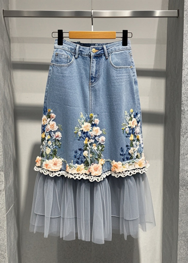 Blue Flower Patchwork Tulle Denim Skirts Fall