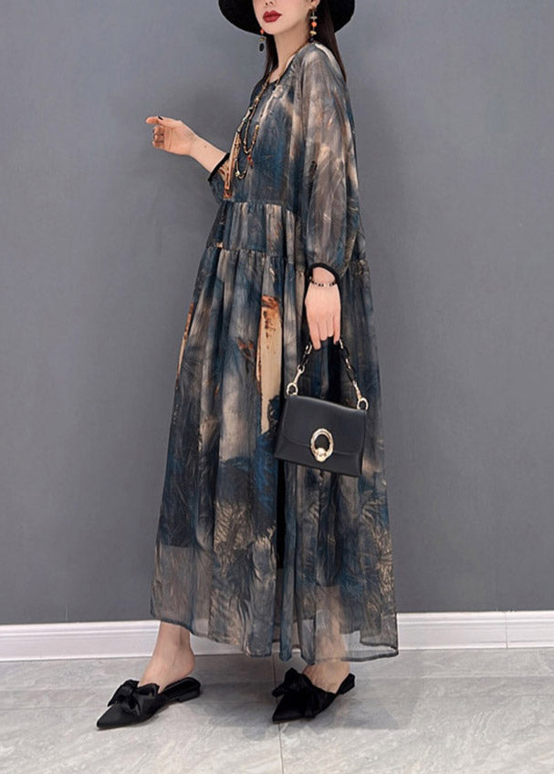 O-neck Print Tulle Patchwork Wrinkled Chiffon Dresses Long Sleeve