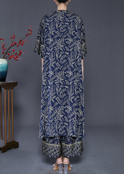 Navy Print Silk Two Piece Set Clothing Oversized Summer