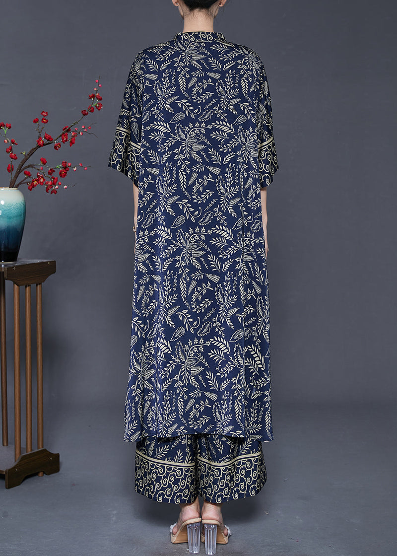 Navy Print Silk Two Piece Set Clothing Oversized Summer