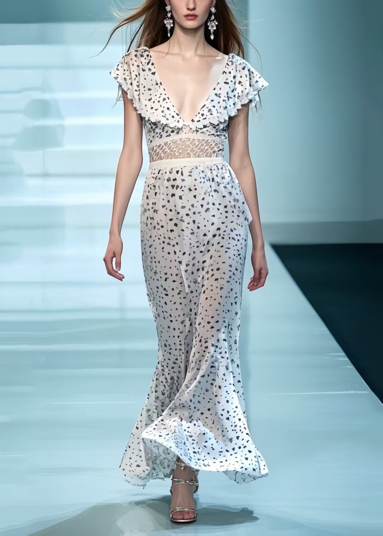 White Deep-v Patchwork Print Chiffon Party Dress Summer