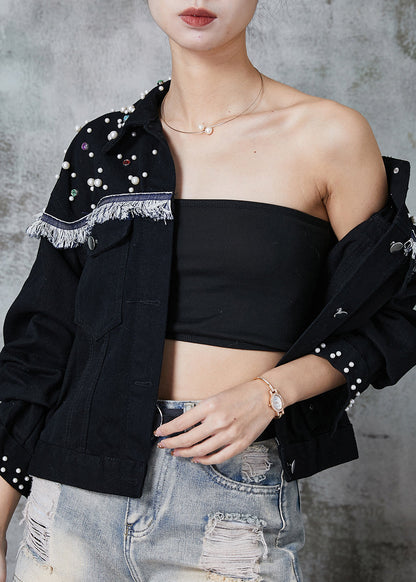 Black Tasseled Patchwork Nail Bead Denim Jacket Spring