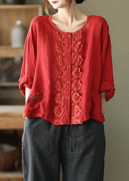 Red Retro Button Pockets Loose Fall Top