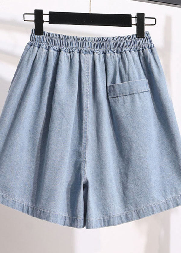 Light Blue Pockets Patchwork Denim Shorts Summer
