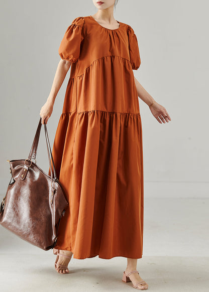 Caramel Oversized Patchwork Cotton Long Dresses Puff Sleeve