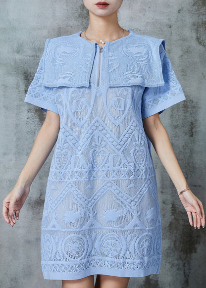 Sky Blue Sailor Collar Embroidered Lace Dress Summer