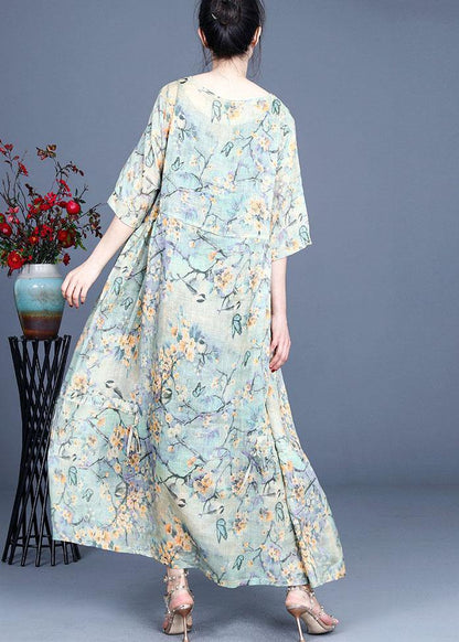 Yellow Retro Print Design Summer Ramie Dress