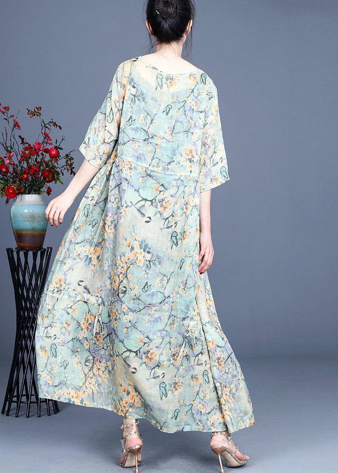 Yellow Retro Print Design Summer Ramie Dress