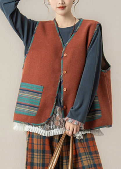 Red Striped Pockets Button Waistcoat and Top Two Piece Set Spring
