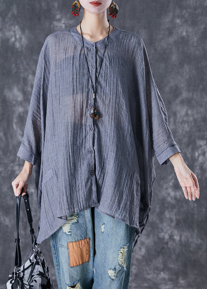 Grey Oversized Linen Blouses Batwing Sleeve