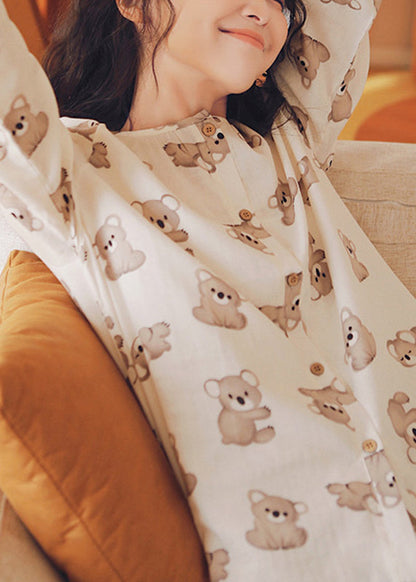 Loose Beige O-neck Animal Print Button Cotton Two Piece Set Long Sleeve