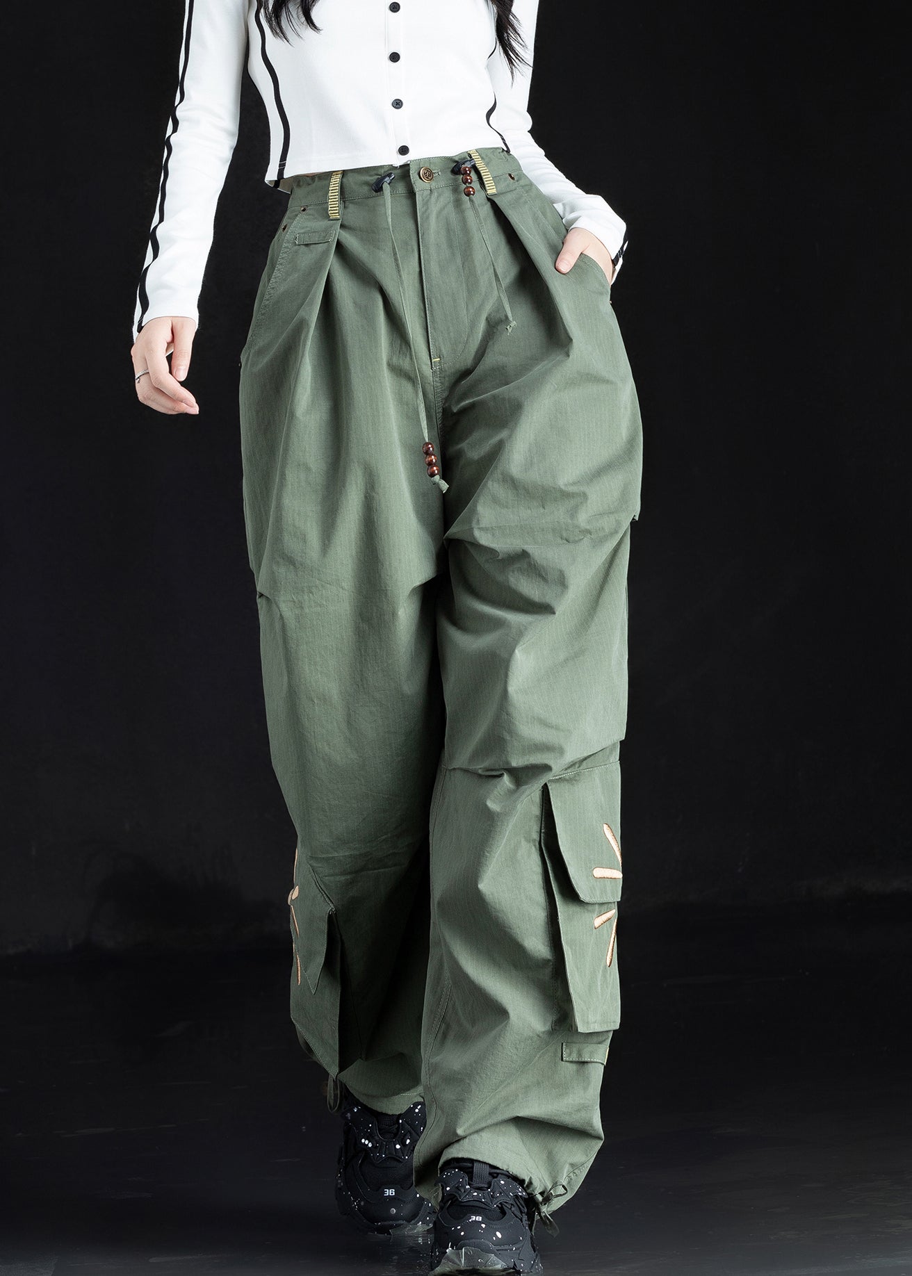 New Green Embroidered Pockets Cotton Pants Trousers Fall