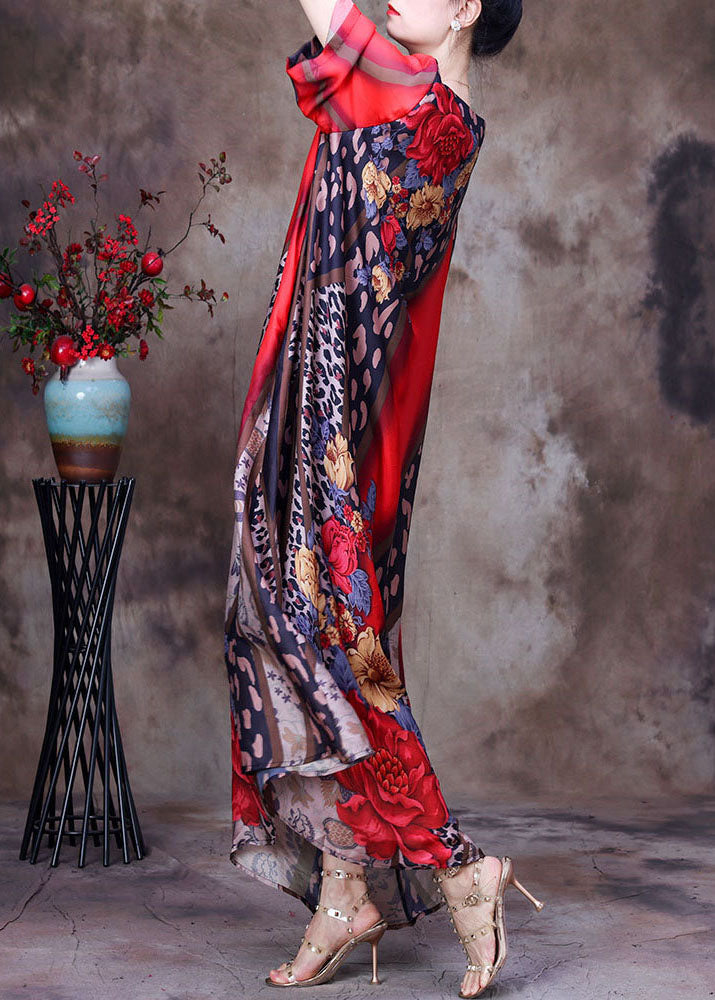 Red O-neck Print Side Open Silk Long Dress Short Sleeve