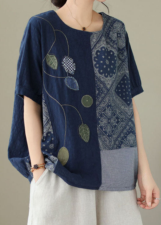 Navy Embroideried Print Patchwork Cotton T Shirt Tops Summer