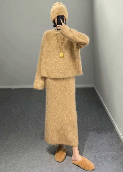 Khaki O Neck Woolen Two Piece Set Outfits Winter