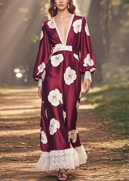 Wine Red V Neck Print Patchwork Silk Long Dress Spring