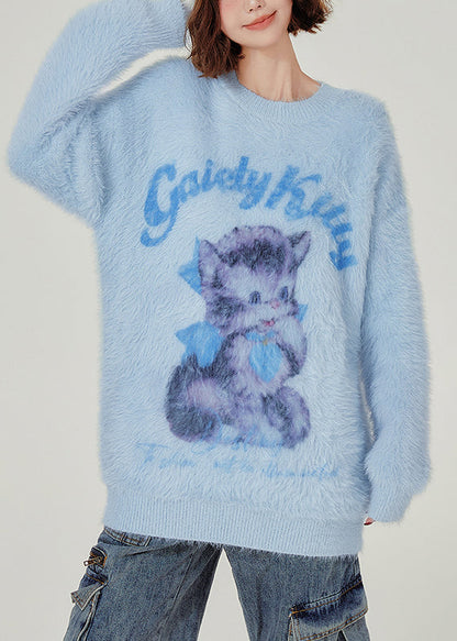French Blue Oversized Cat Faux Mink Hair Knitted Sweaters Winter