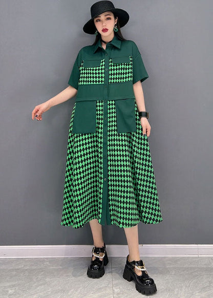 Green Peter Pan Collar Patchwork Print Chiffon Party Dress Short Sleeve