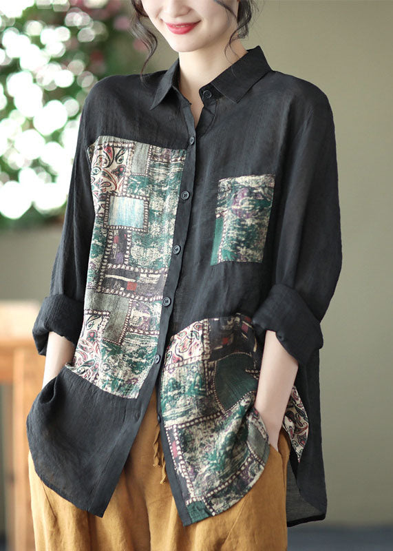 Black Peter Pan Collar Print Linen Shirt Long Sleeve