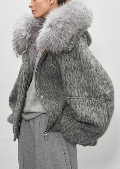 Grey Fur Collar Zippered Duck Down Puffer Coat Winter