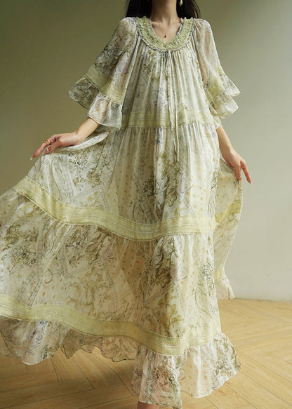 Light Green Ruffled Print Wrinkled Maxi Dress Short Sleeve