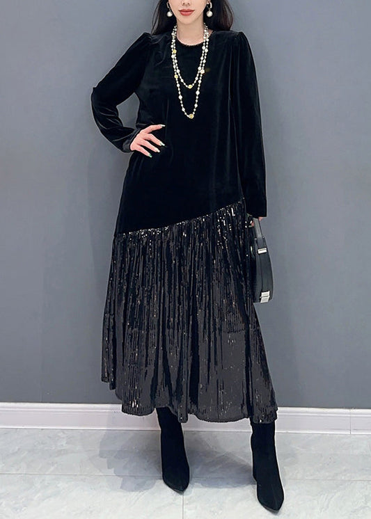 Black Wrinkled Patchwork Silk Velour Dresses O Neck Spring