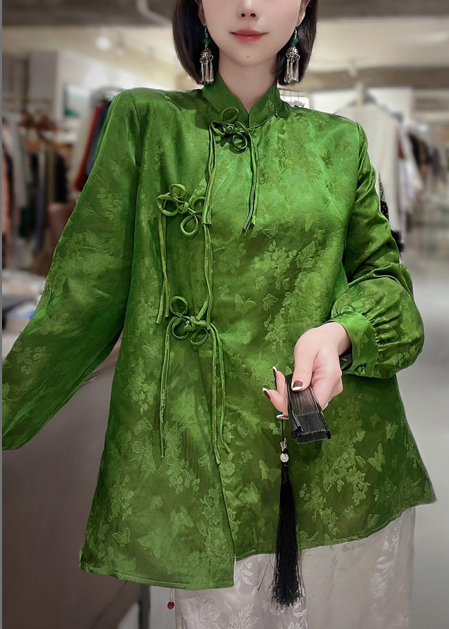 Chinese Style Green Stand Collar Side Open Jacquard Silk Top Long Sleeve