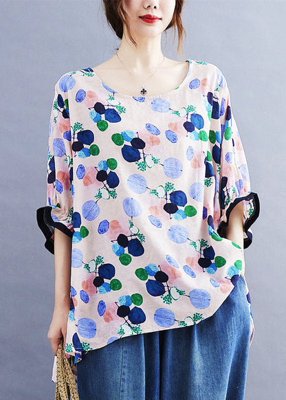 Style Pink O-neck Print Asymmetrical Design Ruffled Fall Half Sleeve Top