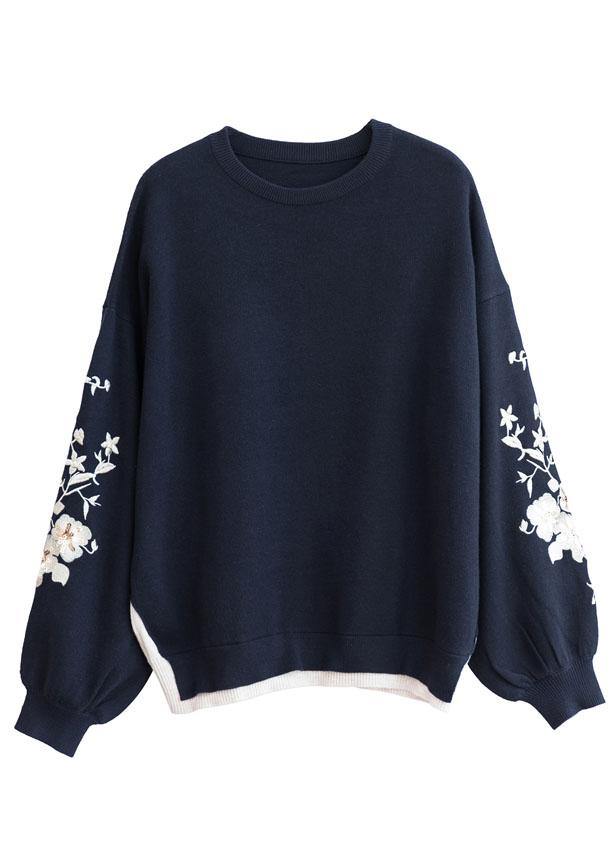 Diy Navy O-neck Sequins Embroideried Fall Knit Sweaters