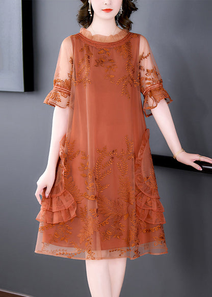Stylish Orange Print Patchwork Tulle Mid Dresses Summer