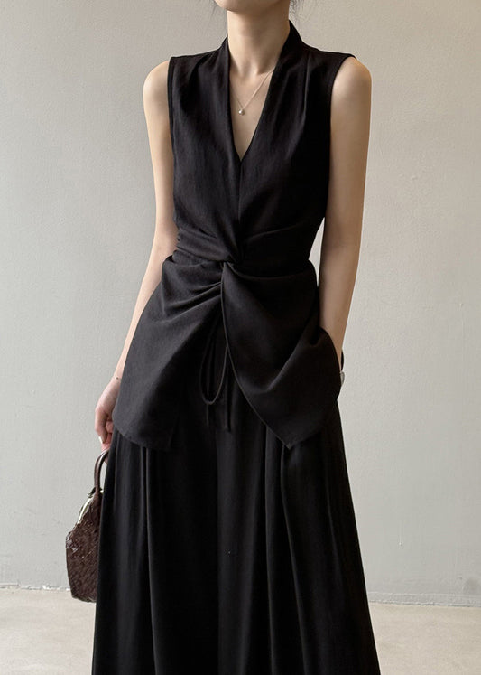 Black Silm Linen Two-piece Set Asymmetrical Wrinkled Sleeveless
