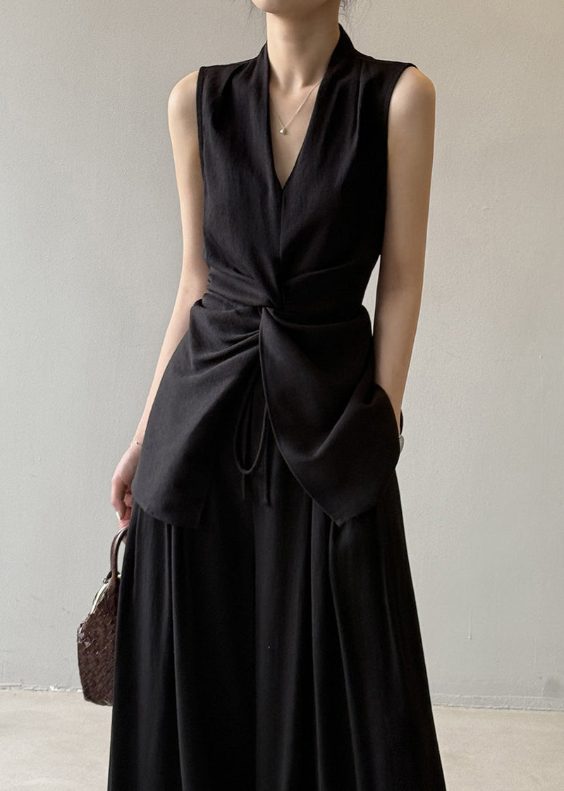 Black Silm Linen Two-piece Set Asymmetrical Wrinkled Sleeveless