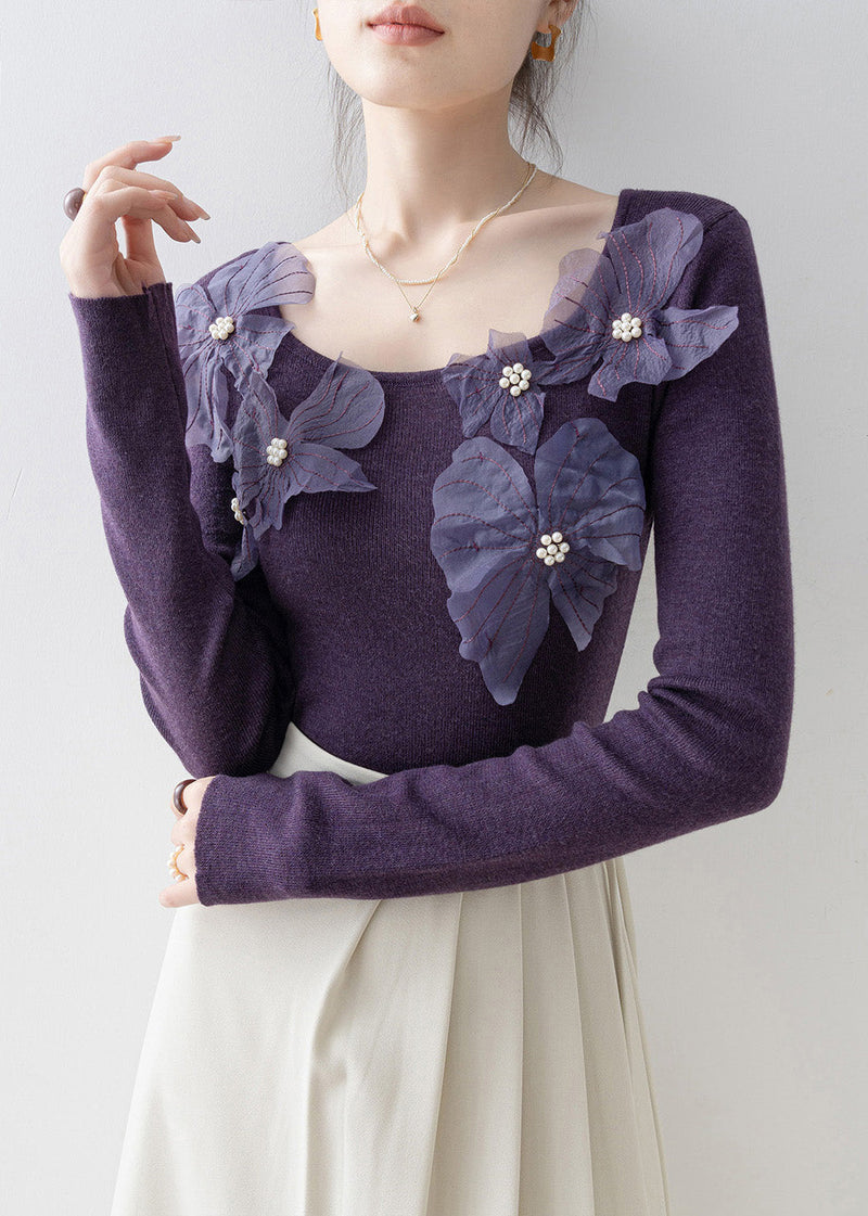 Slim Fit Purple O Neck Nail Bead Knit Top Spring
