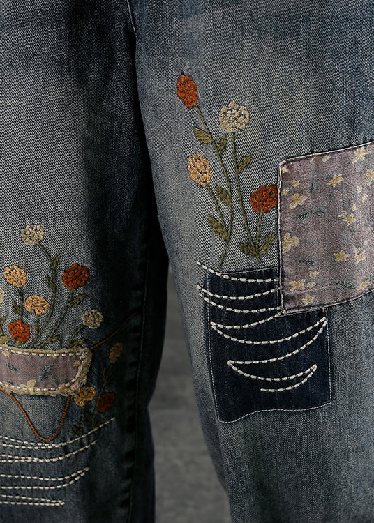 Natural Blue Embroideried Pockets Elastic Waist Denim Pants Fall