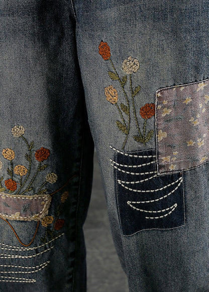 Natural Blue Embroideried Pockets Elastic Waist Denim Pants Fall