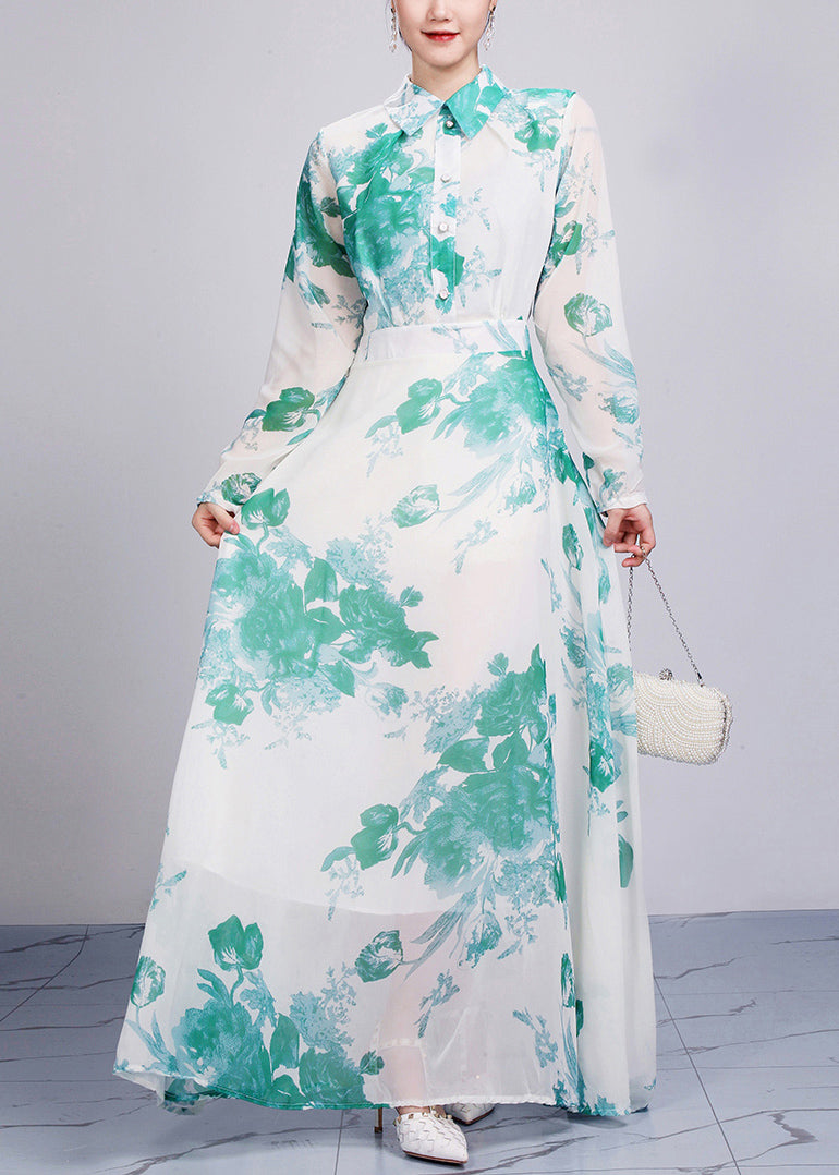 Green High Waist Chiffon Robe Dresses Peter Pan Collar Spring