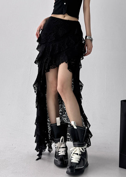 Art Black Asymmetrical High Waist Lace Skirt Summer