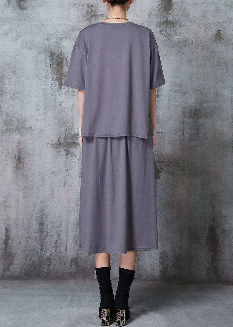Grey Asymmetrical Side Open Cotton Two Pieces Set Summer
