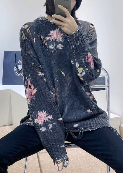 Dark Gray Hole Patchwork Knit Sweaters Top Fall