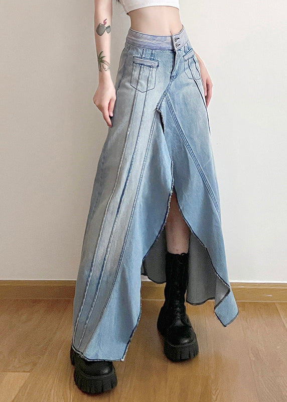 Modern Denim Blue Asymmetrical Ruffled Patchwork High Waist a Line Skirt Spring