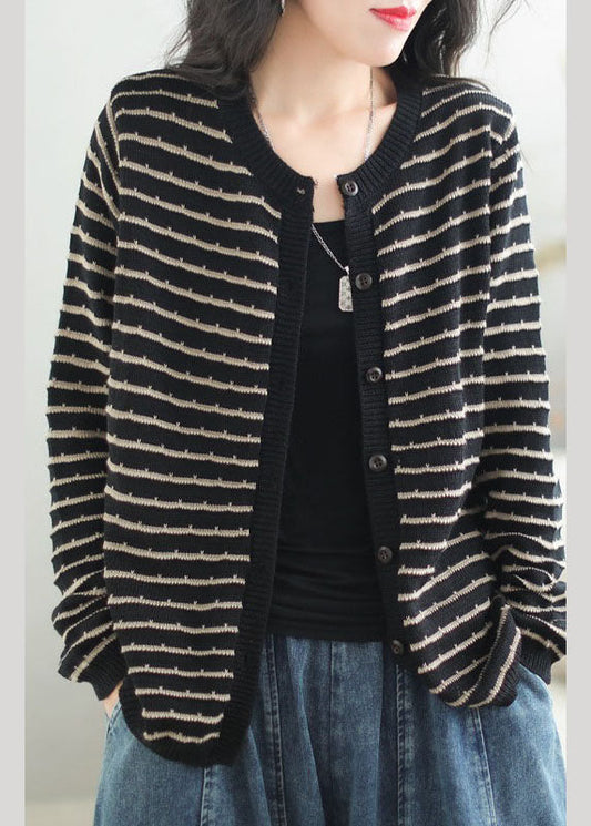 Black O-neck Striped Patchwork Button Cozy Cotton Knit Sweaters Coats Fall